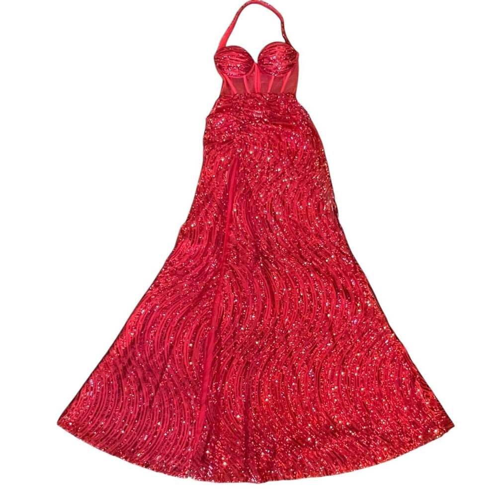 NWT $490 Alamour The Label The Jackie Red Sequin Corset Gown XS High Slit Dress